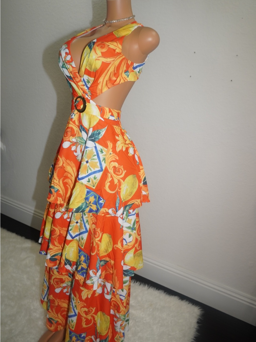 Tropical Orange Tiered Halter Maxi Dress - Vibrant Lemon Print